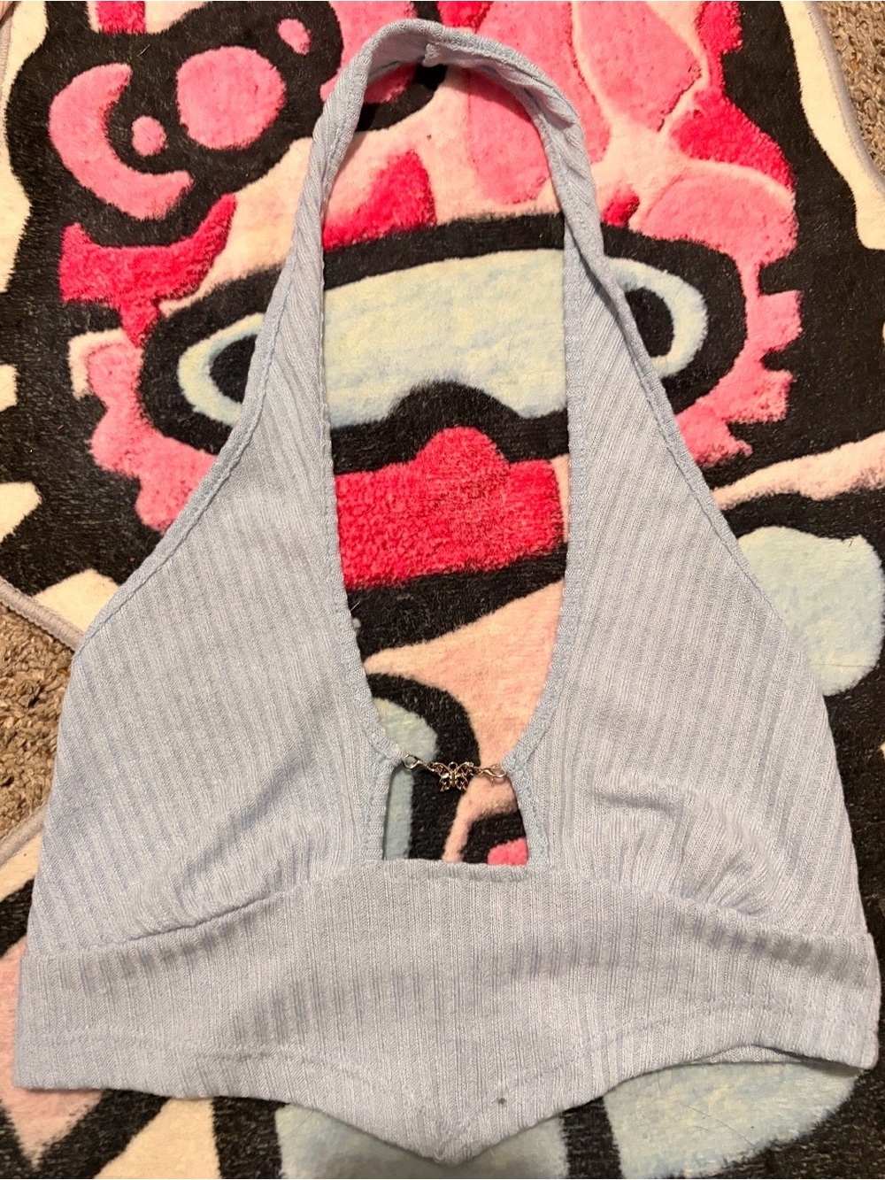 Light Blue Ribbed Halter Bralette with Decorative Front Clasp